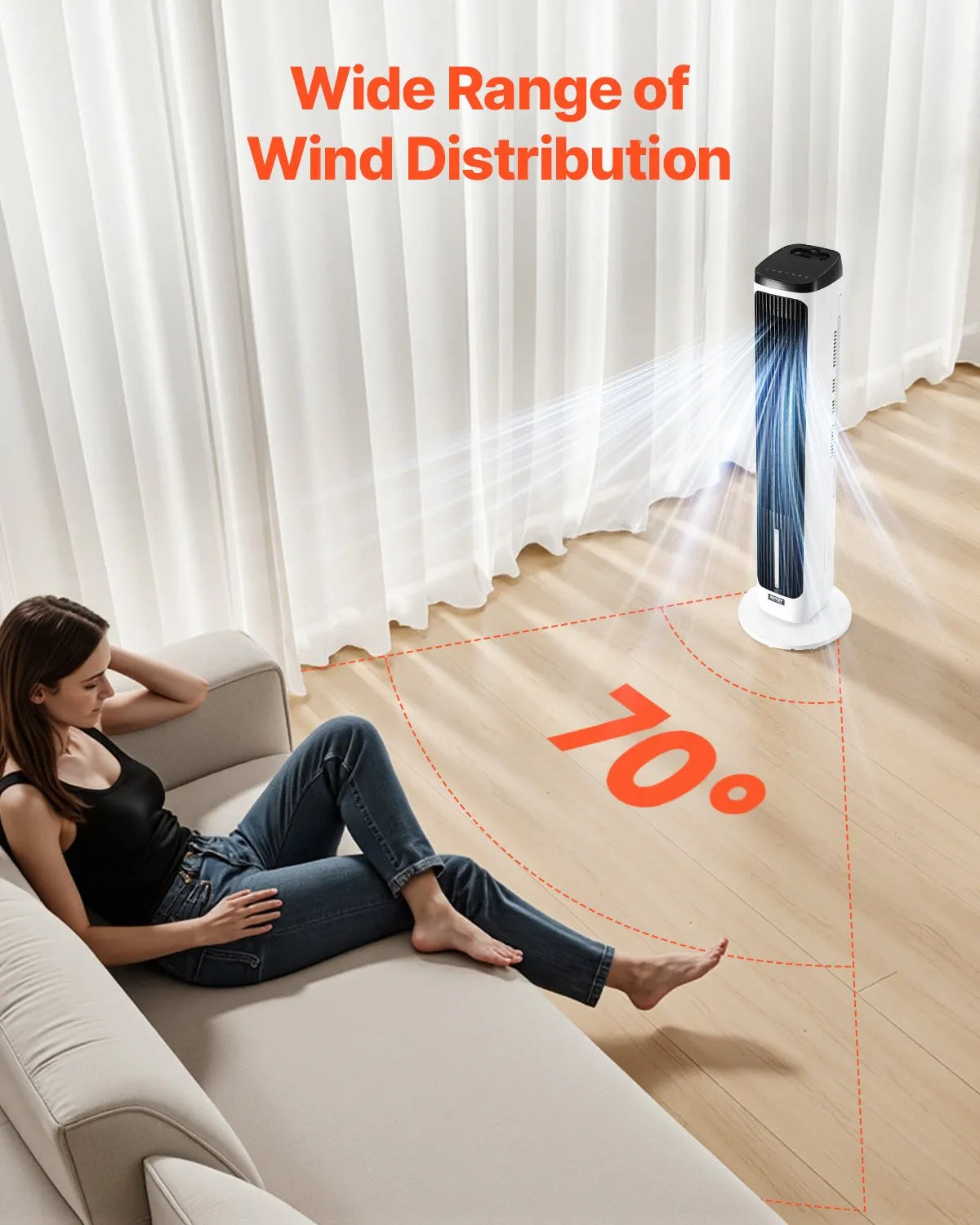 Ventilateur Tour Silencieux – Oscillation 70°, 9 Vitesses, 4 Modes, Minuterie 24h